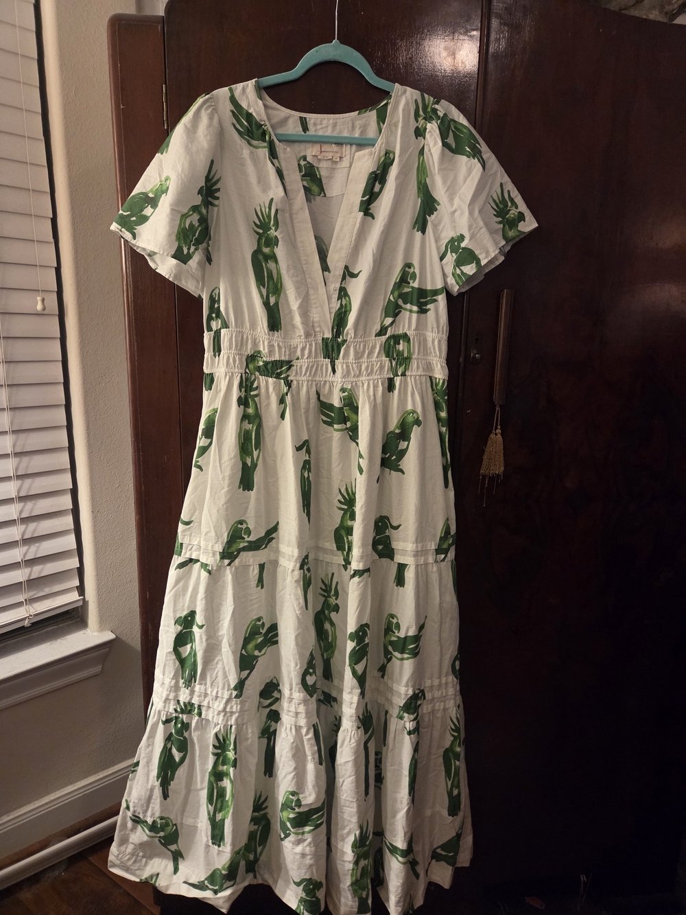 Anthropologie White Maxi Dress with Green Tropical Parrot Print